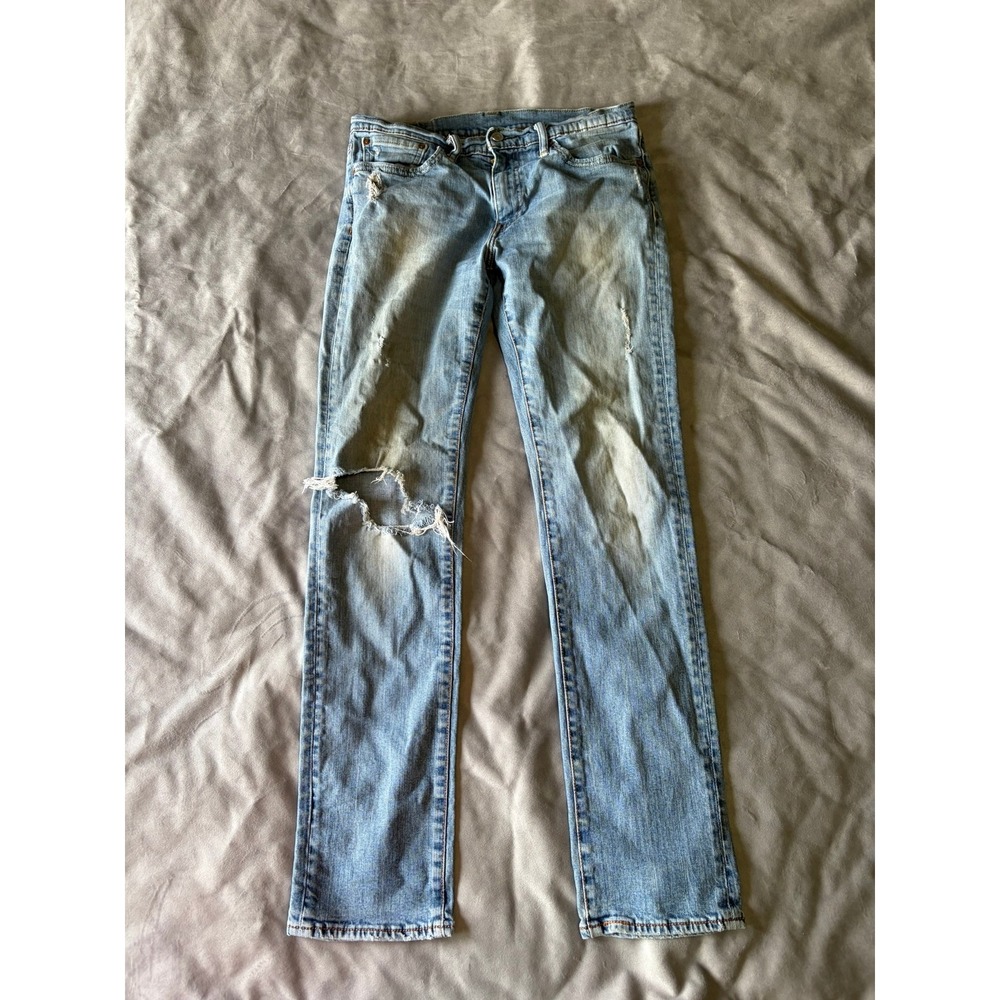 Levis 511 Slim Fit Distressed Light Wash Denim Jeans Mens 32x34 Blowout Knee